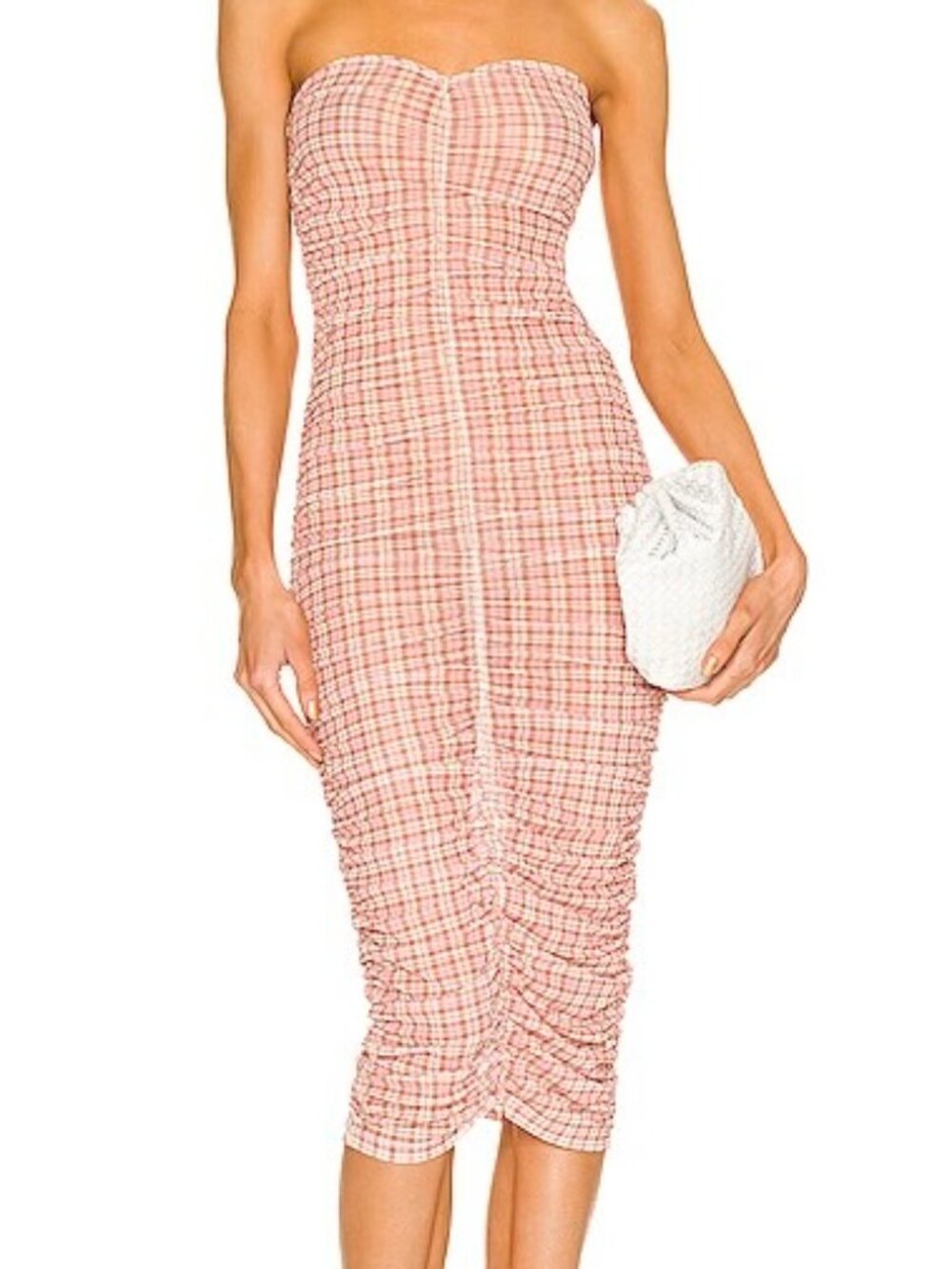 Miaou Renzo Baby Pink Plaid Strapless Midi Dress